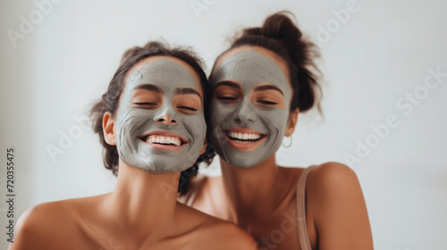 Happy girlfriends in a spa salon. Two women with a skin care mask on their face. Bachelorette party on the weekend. Feminine treatment and fun time for girls photo