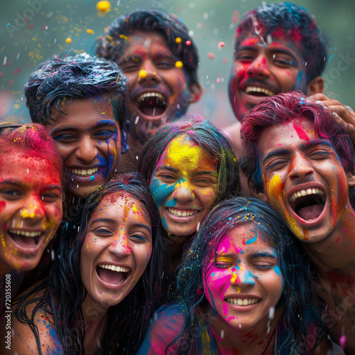 Holi festival. A vibrant group of young people laugh and celebrate, covered in a rainbow of Holi festival colors, expressing joy and festivity.