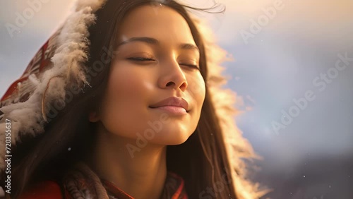 youthful Indigenous woman noticed standing atop rainkissed hill, eyes closed, embracing chill momentum of wind. she scientifically investigates phenomena of statedependent memory, shes spiritually photo