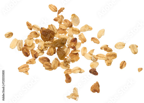 Oatmeal, raisins. Granola isolated on background, top view