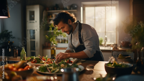 Handsome Male Chef Prepares Delicious Vegetarian Salad in Kitchen