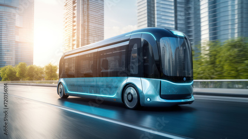 Autonomous electric shuttle bus self driving on street, Smart vehicle concept photo