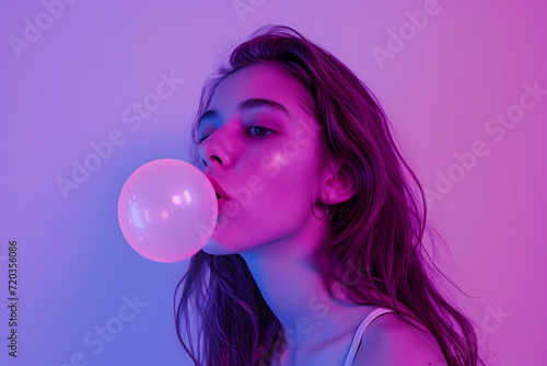 girl blowing bubble gum on purple background