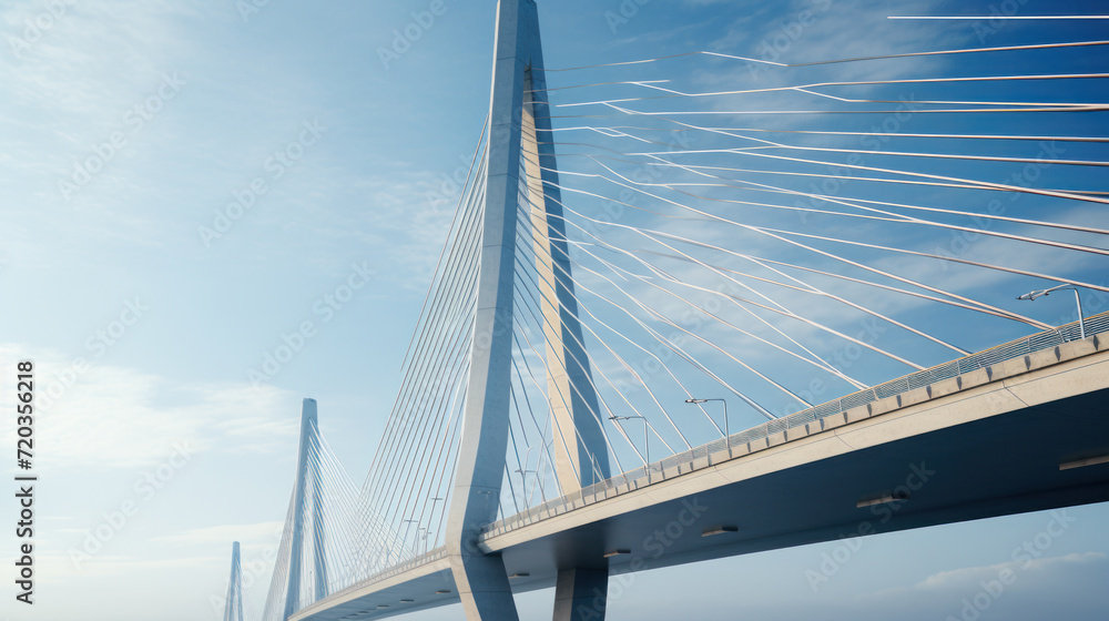 Support element of high cable-stayed bridge with steel pylons. Backlight. Clear blue sky. Support element of high cable-stayed bridge with steel pylons. Backlight. Clear blue sky.