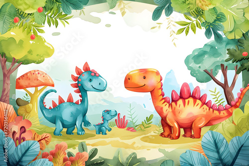 Cute cartoon dinosaur frame border on background in watercolor style. © Pacharee