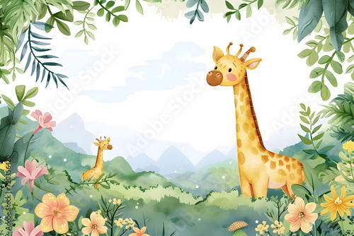 Cute cartoon giraffe frame border on background in watercolor style.