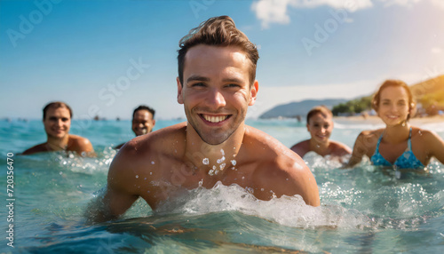 Summer rest. A man surrounded by friends swims in the sea