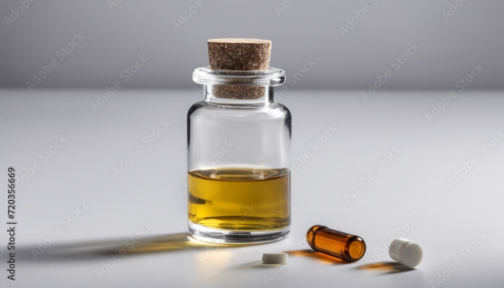 A bottle of medicine with a cork in it and a pill next to it