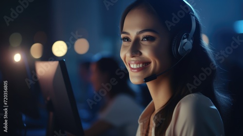 call center women smiled working and providing service with courtesy and attention front of laptop with blurred team background