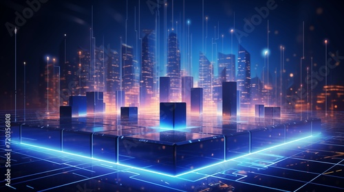 A futuristic city with a glowing buildings in the background. 
