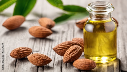 A bottle of oil with almonds on a table photo