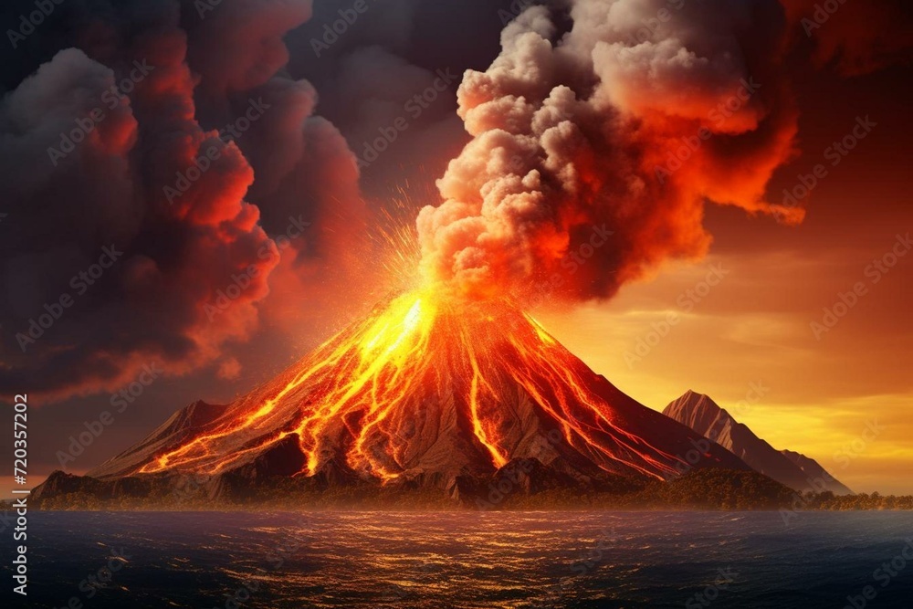 Volcano eruption on island. Generative AI