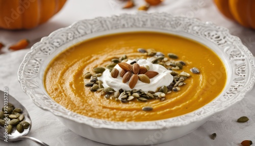 A bowl of soup with pumpkin seeds and cream on top © vivekFx