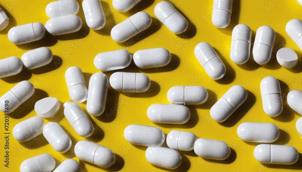 A pile of white pills on a yellow background A pile of white pills on a yellow background