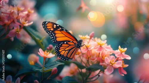 close up of a butterfly with spring flowers, vibrant colors, cinematic