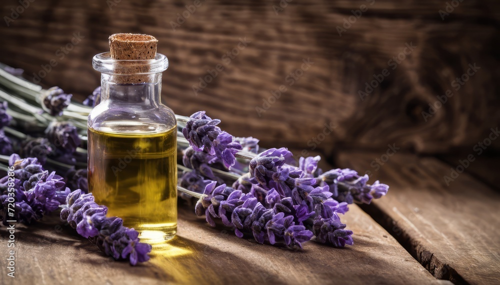 A bottle of lavender oil sits on a wooden table A bottle of lavender oil sits on a wooden table