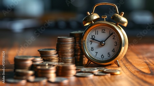 Vintage alarm clock and coin stacks concept for time and investment management.