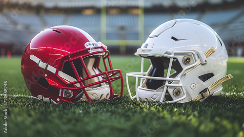 Two american football helmets, representing the opposing teams photo