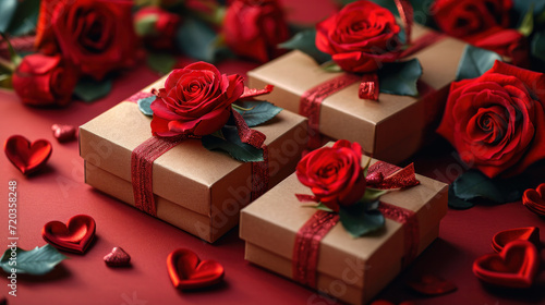 Trendy gift boxes  rose flowers and hearts on a colored background. Valentine s Day  space for text
