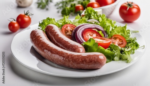 A plate of food with sausage, tomatoes, and lettuce