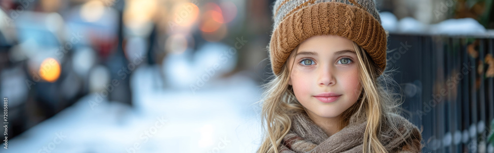Cute little girl in warm hat and scarf on snowy street, banner Cute little girl in warm hat and scarf on snowy street, banner