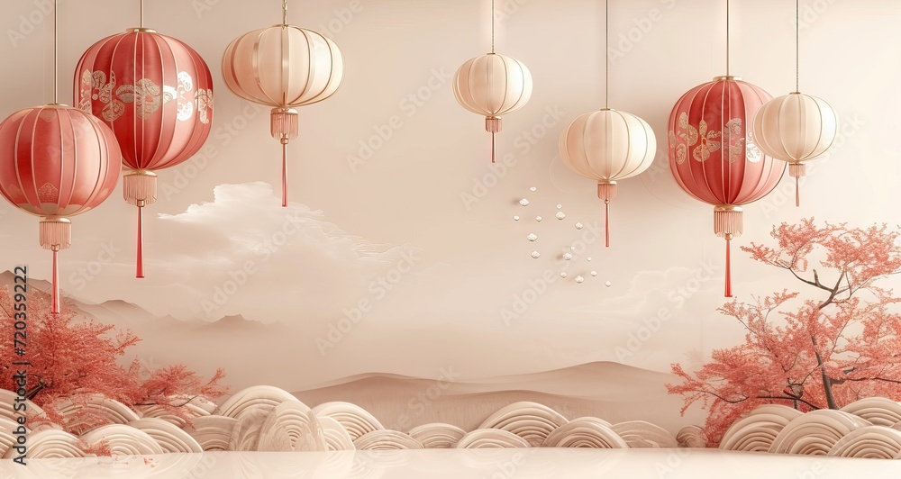 Red luxury background with product display podium element with 3d realistic chinese new year ornament and glitter light effect decoration and bokeh. AI generated illustration - obrazy, fototapety, plakaty 