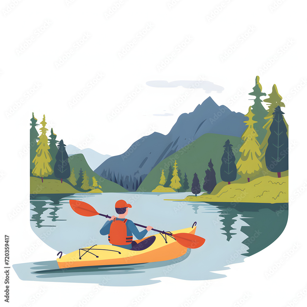 Kayaking in a tranquil lake isolated on white background, flat design, png
