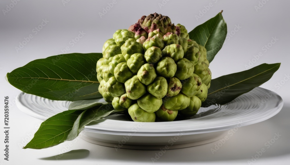 Fototapeta premium A white plate with a green fruit on it