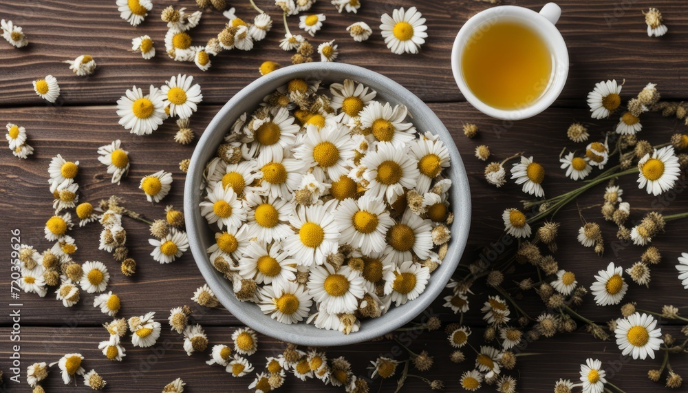 A bowl of white flowers and a cup of tea A bowl of white flowers and a cup of tea