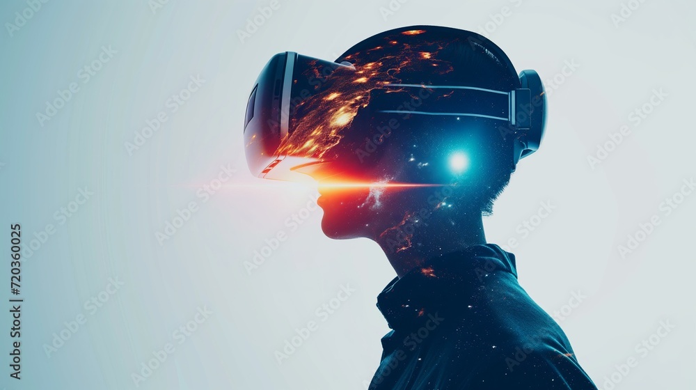 profile of a person in modern sleek metallic VR headset, double exposure futuristic world, universe, digital world, planets profile of a person in modern sleek metallic VR headset, double exposure futuristic world, universe, digital world, planets