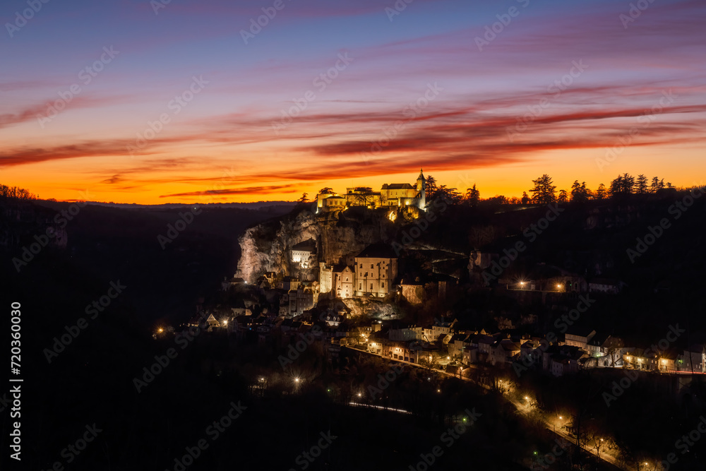 Dusk falling over the medieval city of Rocamaour in the Lot region of France