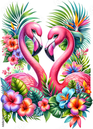 Two Flamingos Tropical Flowers And Plants