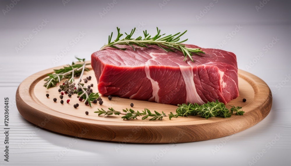 A piece of raw meat with herbs on top of it A piece of raw meat with herbs on top of it