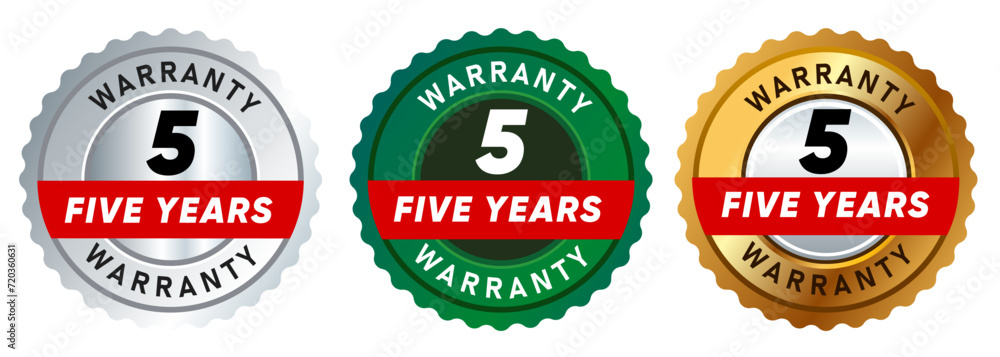 Five 5 years warranty badge emblem seal set guarantee collection in silver green and gold premium circle shape