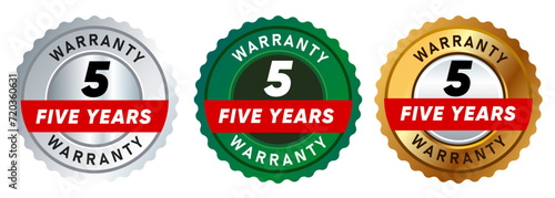 Five 5 years warranty badge emblem seal set guarantee collection in silver green and gold premium circle shape