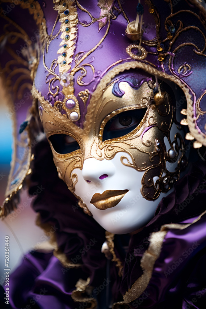 An individual adorned in a Venetian masquerade mask and a lively purple carnival costume