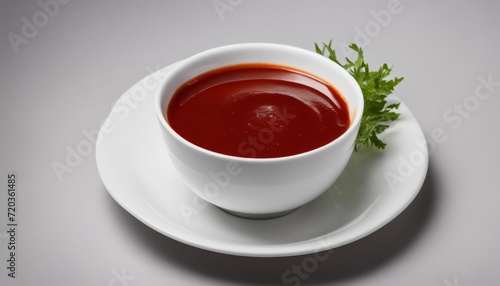 A white plate with a red liquid in a cup and a green leaf on top