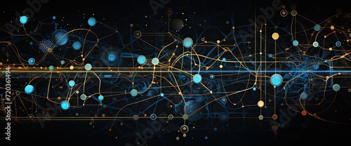 AI abstract background with blue and beige lines and connections in the style of cybersteampunk. Futuristic wallpaper with mechanical designs on black background. AI generated illustration. photo