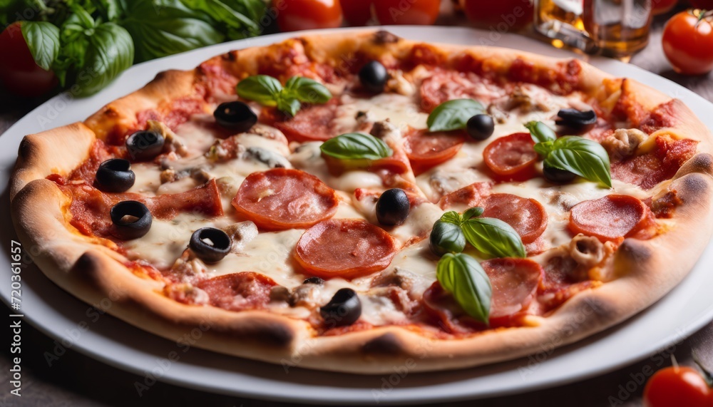 A pizza with pepperoni, olives, and basil A pizza with pepperoni, olives, and basil