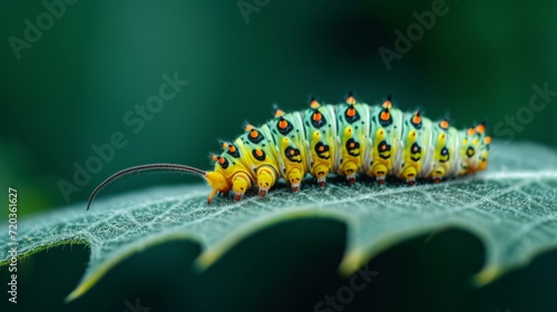 Caterpillar sliding on the branch with green background.