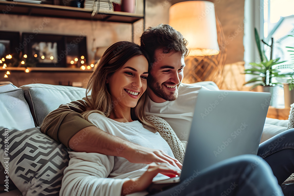 happy young couple looking at their laptop on couch at home