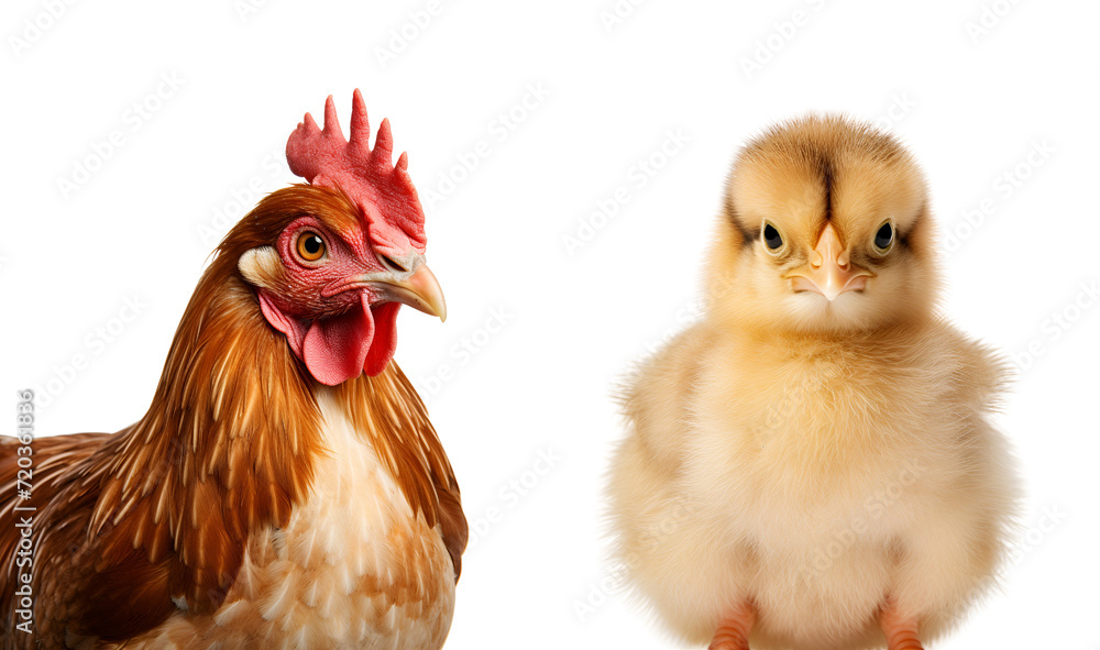Fototapeta premium Set of chicken and chick, half body, close up photo, from chick to adult rooster, Isolated on Transparent Background, PNG