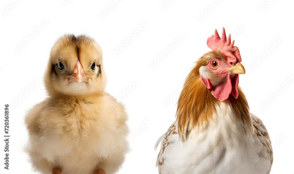 Naklejka premium Close up photo of a set of chicken and chick, from chick to adult rooster, half body, Isolated on Transparent Background, PNG