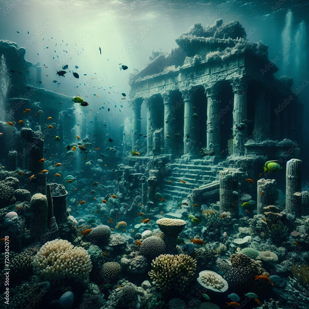 The ancient city sinks underwater with ruined buildings swallowed by coral reefs, colorful fish roam around the ruins, gloomy lights highlight the hidden beauty. Generative AI
