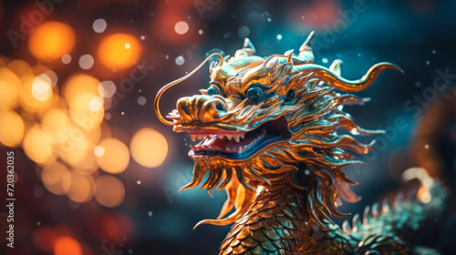 golden dragon with intricate designs against a blurred festive background, symbolizing prosperity