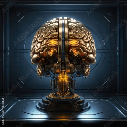 Brain on circuit board. Artificial intelligence concept futuristic background. Concept for business idea, brainstorm, creativity and innovation. AI generated illustration.