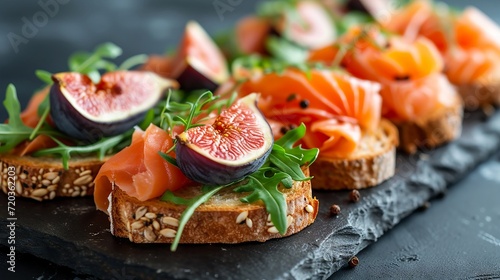 Gourmet toasts with salmon, figs, and various toppings