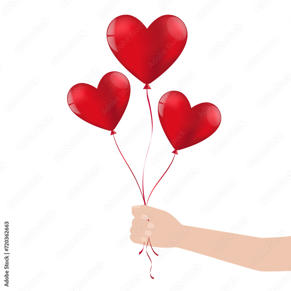 Hand Holding Heart Shaped Balloon. Concept of Valentine's Day, Wedding Celebration, Mother's Day or Anniversary. Vector Illustration.