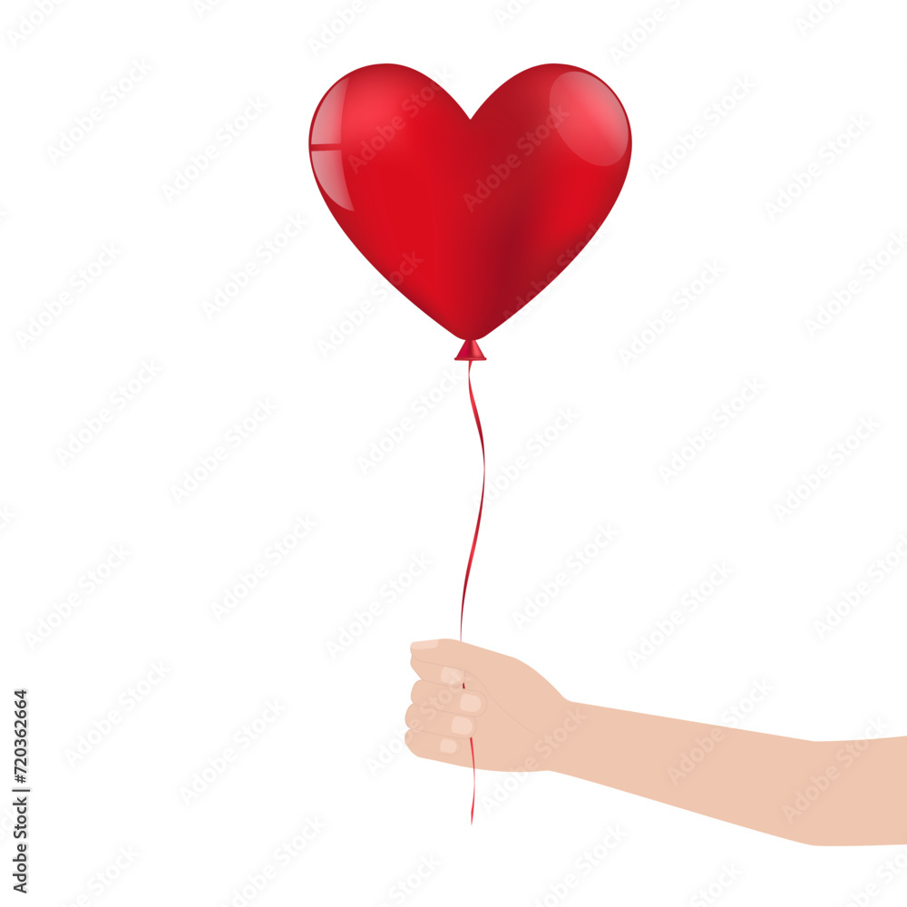 Hand Holding Heart Shaped Balloon. Concept of Valentine's Day, Wedding Celebration, Mother's Day or Anniversary. Vector Illustration.