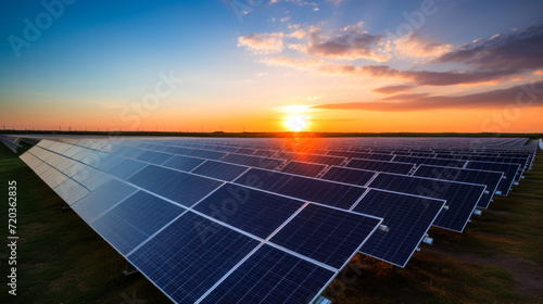A solar farm captures the waning light of sunset, symbolizing sustainable energy practices.